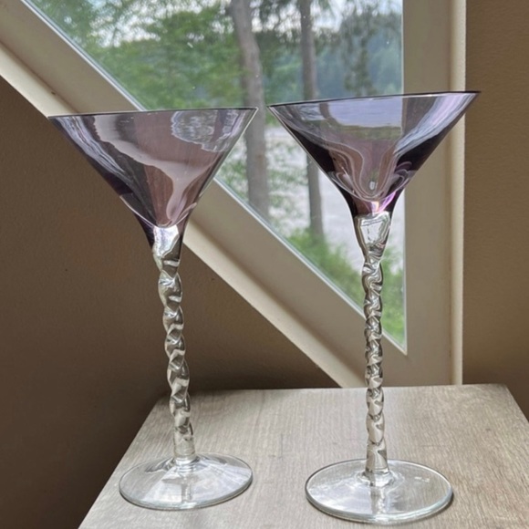 Pair/2 Romanian Blown Glass Amethyst Bowl Barley Twist Stem Tall Martini Glasses - Picture 3 of 12